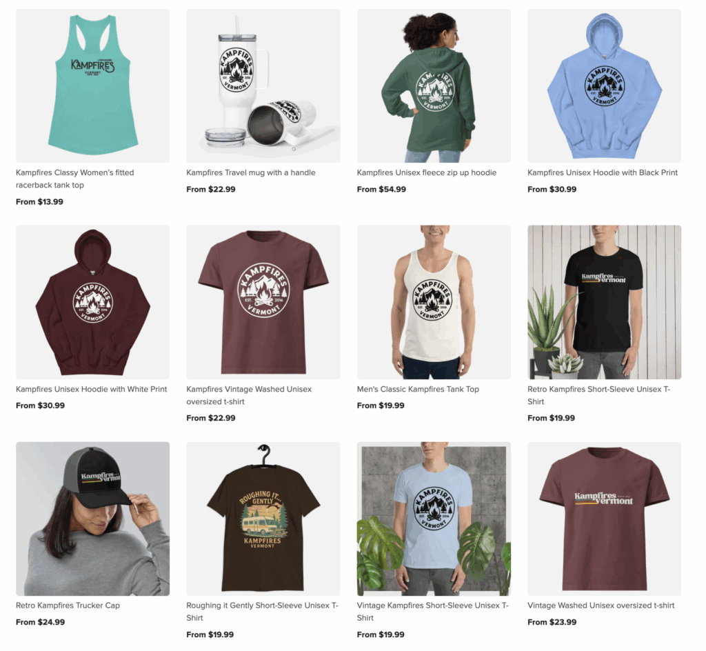 A grid of 12 Kamfires branded merchandise items, including tank tops, hoodies, mugs, t-shirts, caps, and a tumbler, in colors like green, burgundy, blue, black, and white. Each item features the Kamfires logo or text.